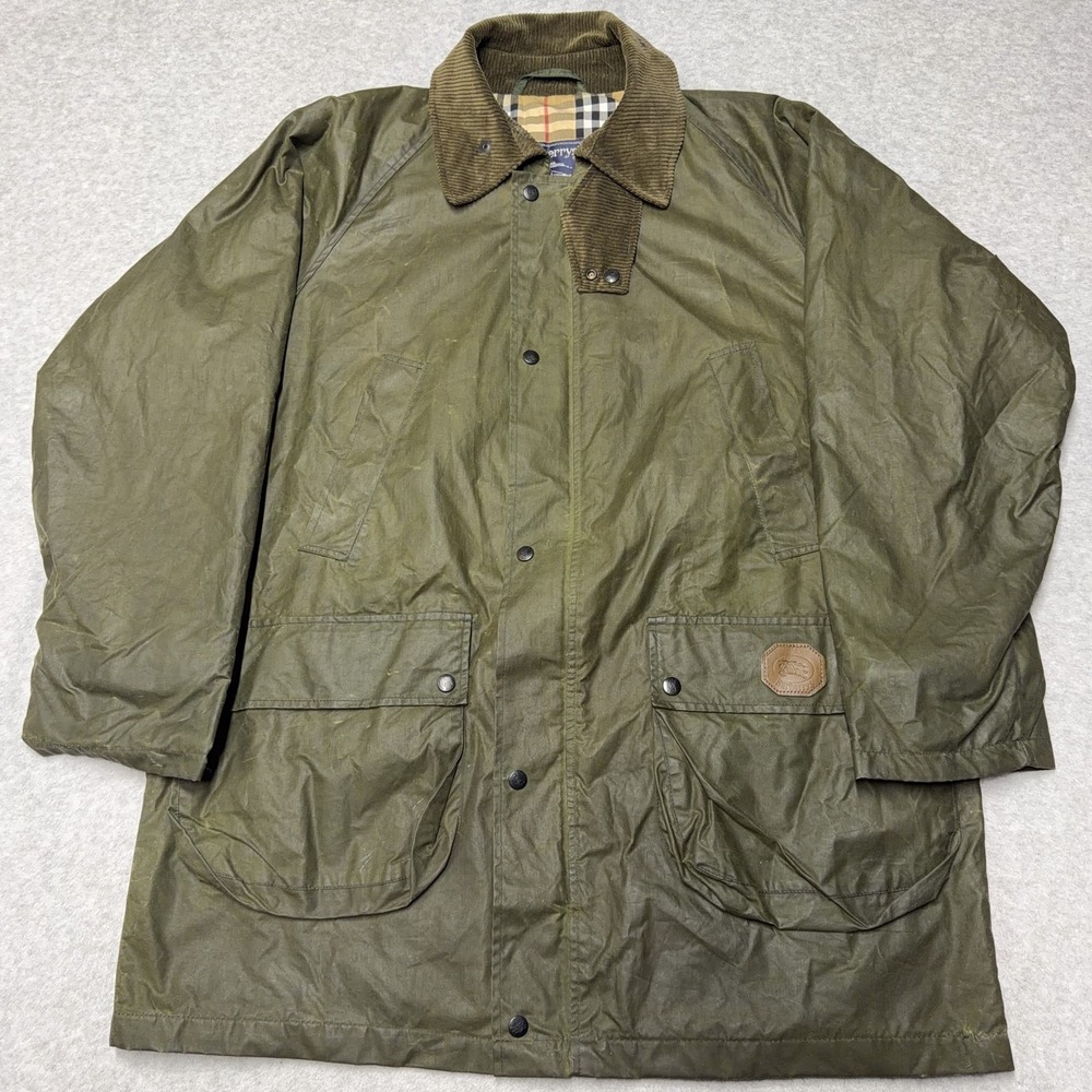 Vintage Burberrys Coat Mens Large Green Waxed Cotton Plaid Nova Check Lined